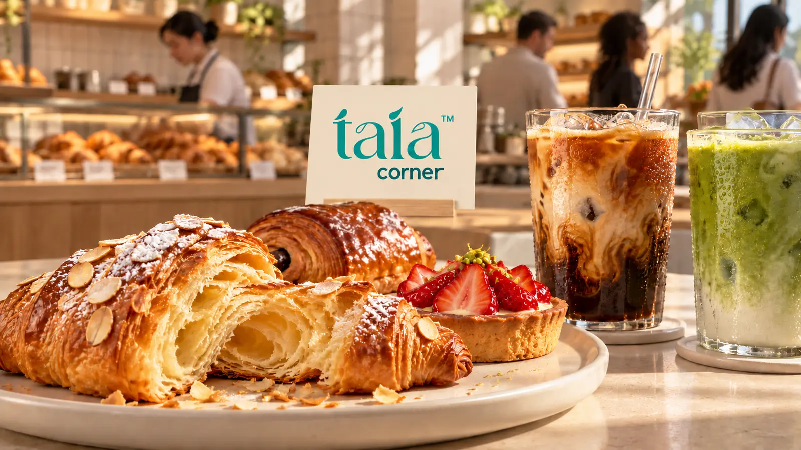 Croissants served with iced coffee and iced matcha