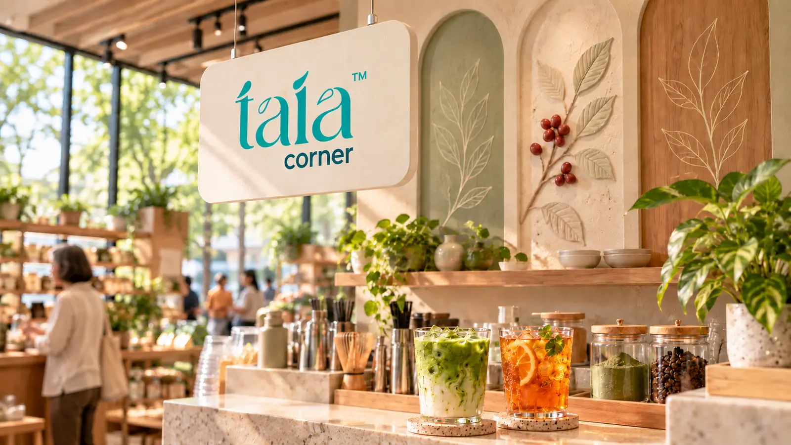Calm taia Corner counter with matcha and plants