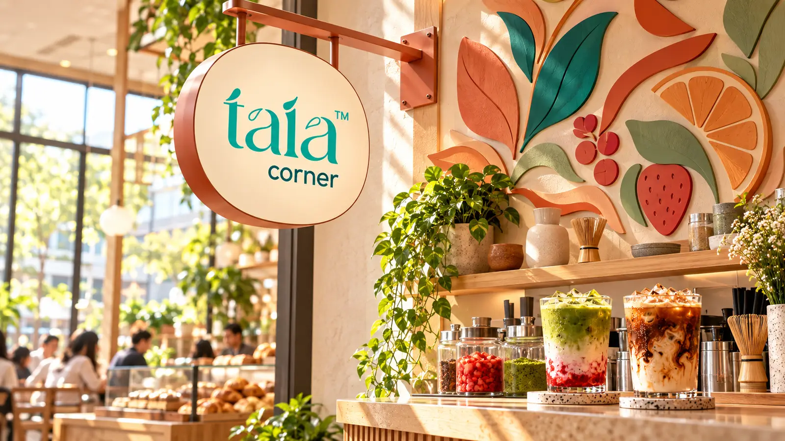 Bright taia Corner with a botanical mural and colourful drinks